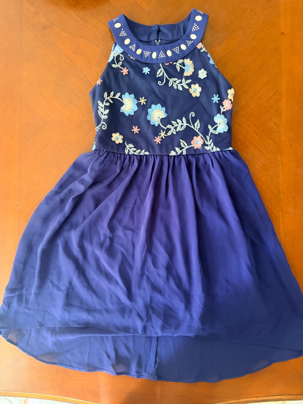 Amy Byer Navy Dress with Pastel Floral Embroidery